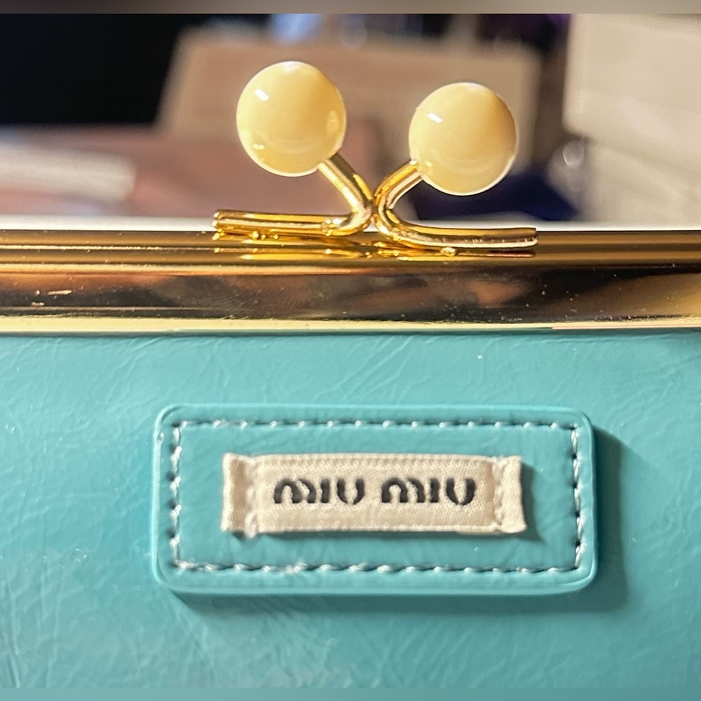 Miu Miu Sky Blue or Turquoise Patent Faux Leather Clutch with Gold Chain GWP NWB - Picture 11 of 15